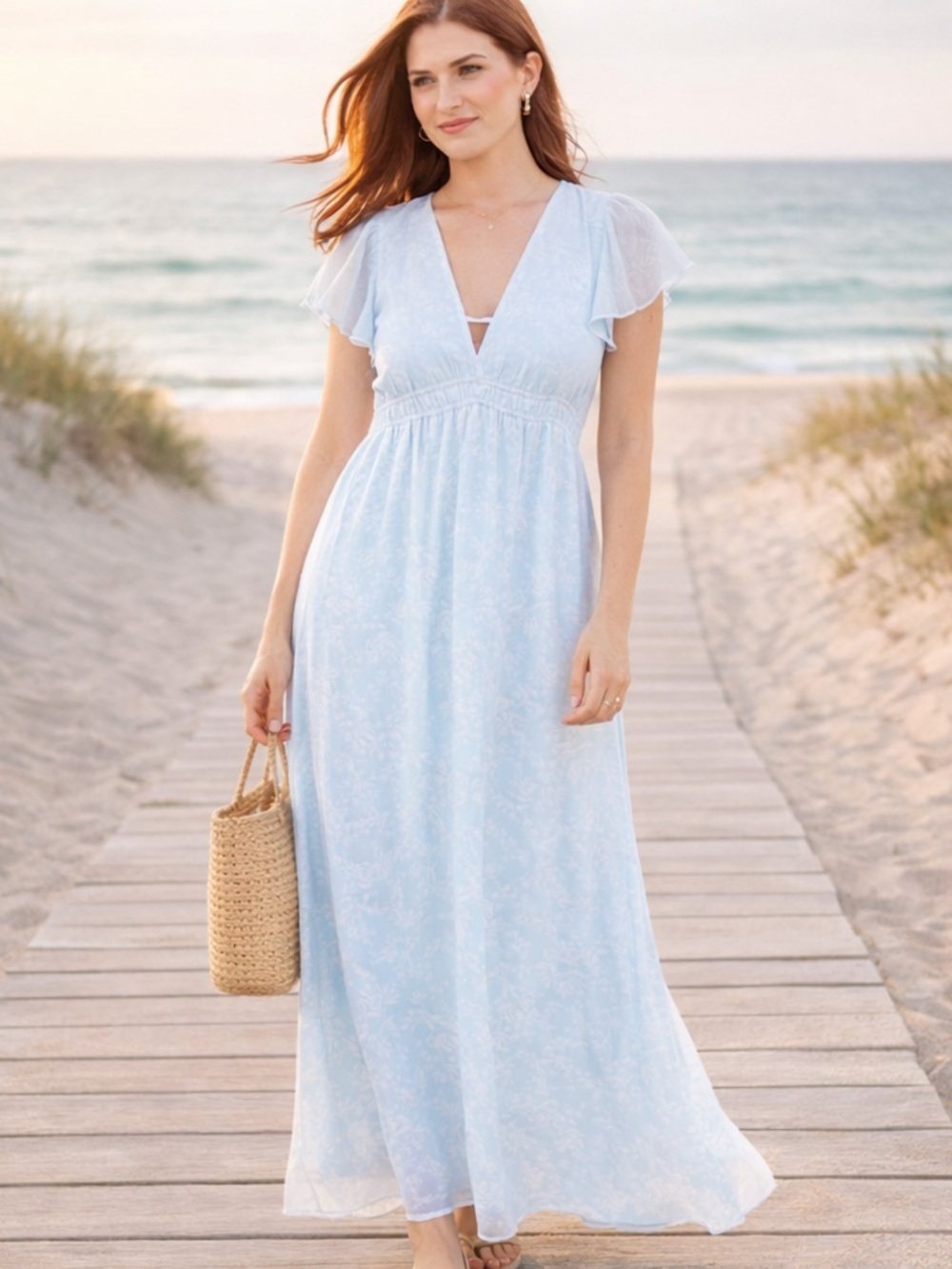 A New Day Light Blue Floral Maxi Dress Small NWT Flutter Sleeve
